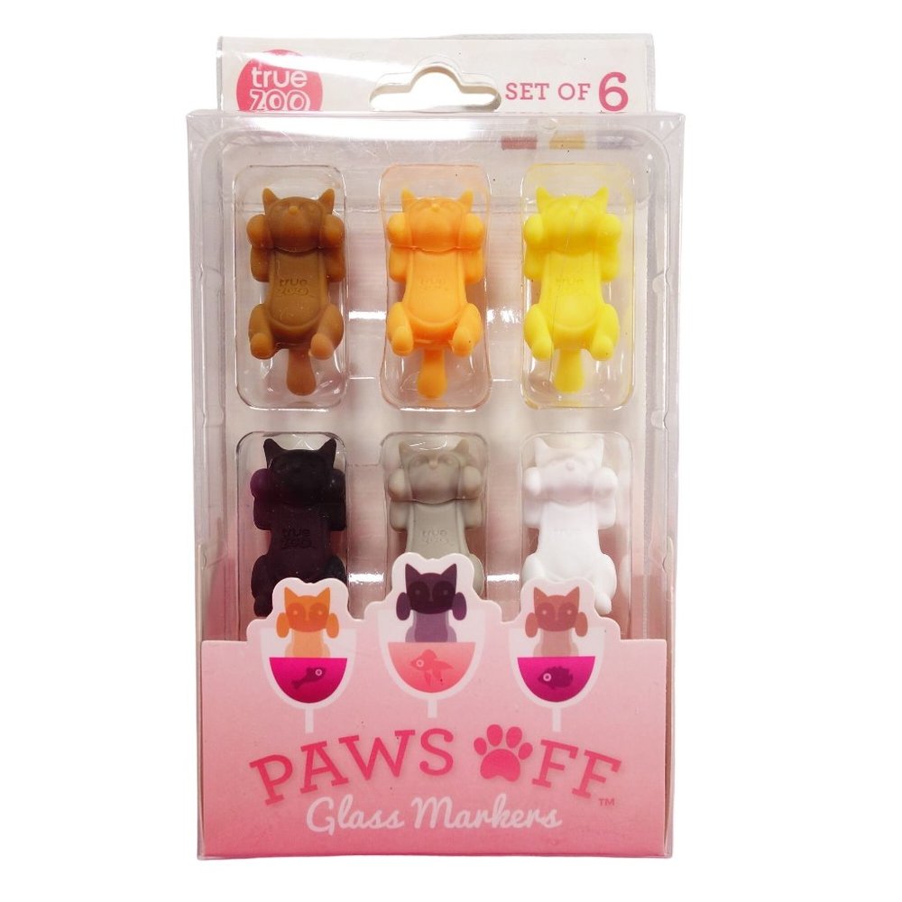 True Zoo Paws Off Set of 6 Kittens Silicone Wine Glass Markers Different Colors‎